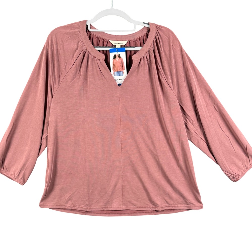 Lucky Brand Women L Split Neck Top Modal Blend 3/4 Sleeve Boho Peasant Softcore